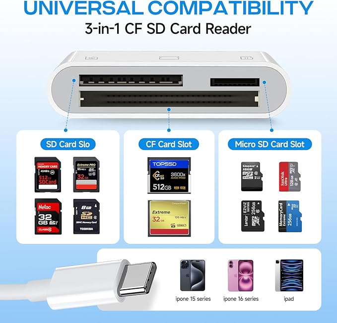 USB C SD Card Reader for iPhone 17/16/15/iPad/Mac, 3 in 1 USBC Memory Card Reader with Compact Flash/CF/SD/TF Card, Digital Camera Adapter iPhone SD Card Reader Compatible with MacBook Pro/Air