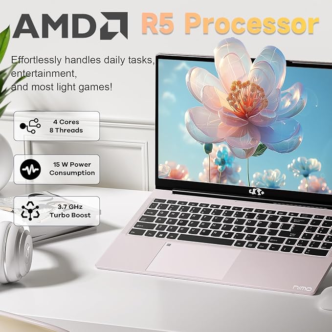 NIMO Gaming Laptop 15.6" with AMD Ryzen 7 7735HS Processor & Radeon 680M Graphics, Backlit Keyboard, Fingerprint Login, 101W Type-C Fast Charge
