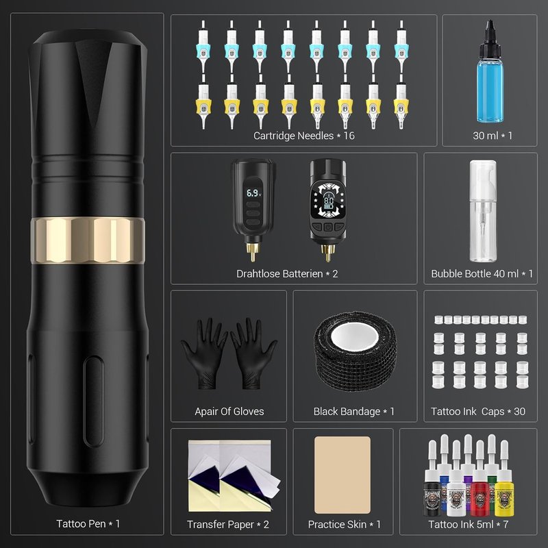 Wireless Tattoo Machine Pen Kit - Complete Tattoo Gun Set with 2 Batteries, 16 Needles & 7 Ink Colors