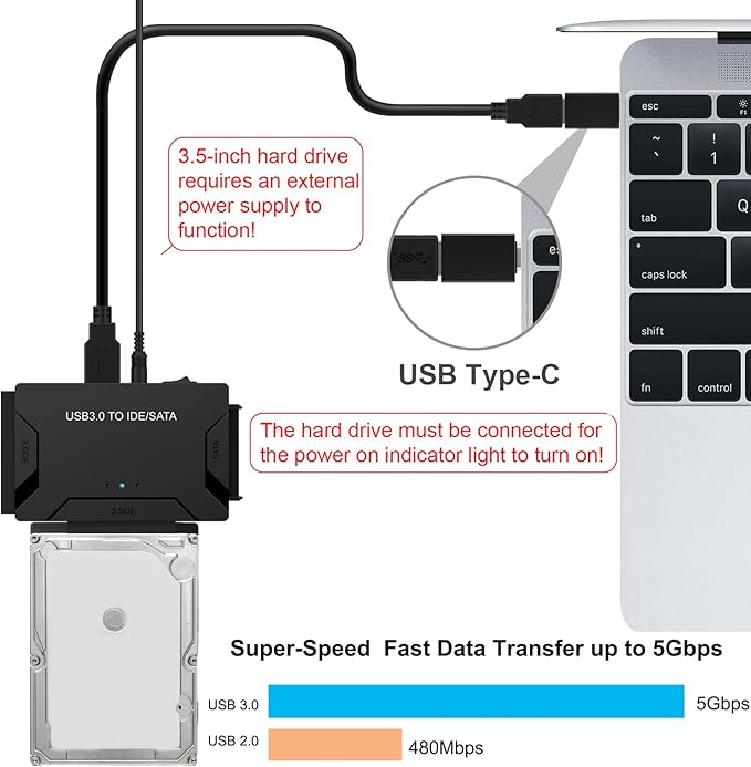 EYOOLD Hard Drive Reader, USB 3.0 to IDE and SATA Adapter External Hard DriveConverter for Universal 2.5/3.5 HDD/SSD Hard Drive Disk Includes 12V Power Adapter, Support 6TB - Black