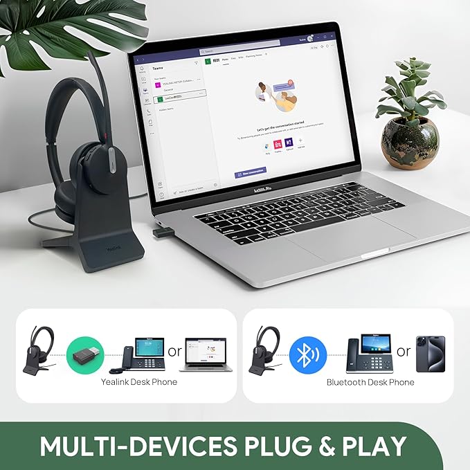 Yealink WH64 Hybrid Wireless Headset with Mic for Work, Dual Mode Bluetooth & DECT Dongle Headset with Charge Stand for PC/Computer/IP Phone/Cell Phones, Teams, Zoom, 492 ft Range, 32H Talk Time