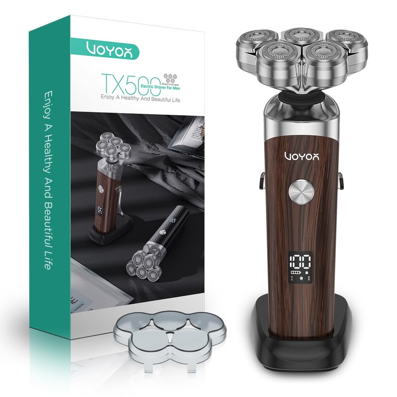 VOYOR Electric Razor for Men - 5D Floating Shavers for Men Magnetic Electric Shaver Rechargeable Face Shaver LED Display Wet Dry Shaving IPX6 Waterproof Mens Rotary Razor TX500 (Woodgrain)
