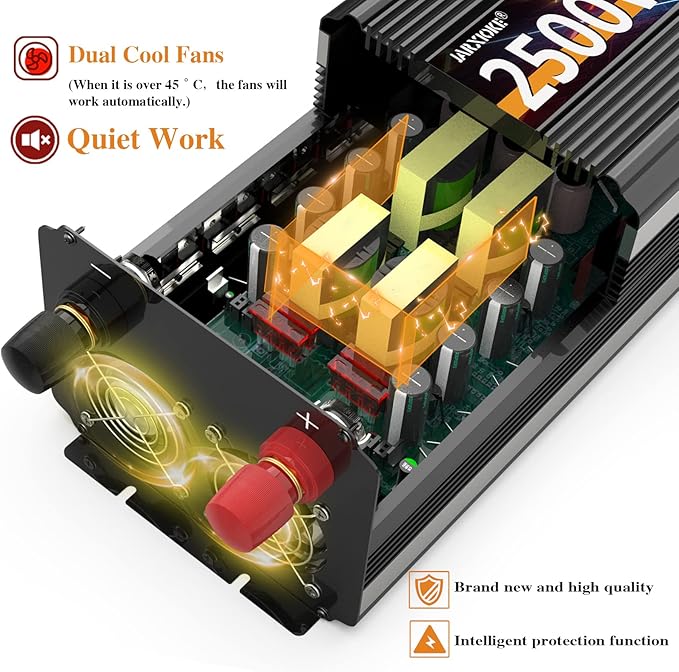 JARXIOKE 2500W Power Inverter 12V DC to AC 110V/120V (Peak) 5000W Converter 3 sockets car Inverter with Remote Control and LED Display 3.4A USB Port