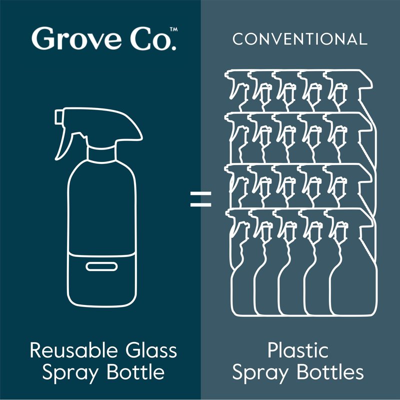 Grove Co. Glass Spray Bottles for Cleaning Solutions, 2-Pack Bundle, Unique Silicone Sleeve Slide & Snap Custom Label, Refillable Spray Bottle, Made from Recycled Glass, 2 x 16 oz