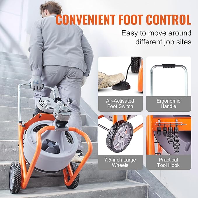 VEVOR Drain Cleaner Machine 75FT x 3/8 Inch, Auto Feed Sewer Snake Drain Auger on Wheels, Portable Drain Cleaning Machine with 8 Cutters & Air-activated Foot Switch for 2" to 4" Pipes