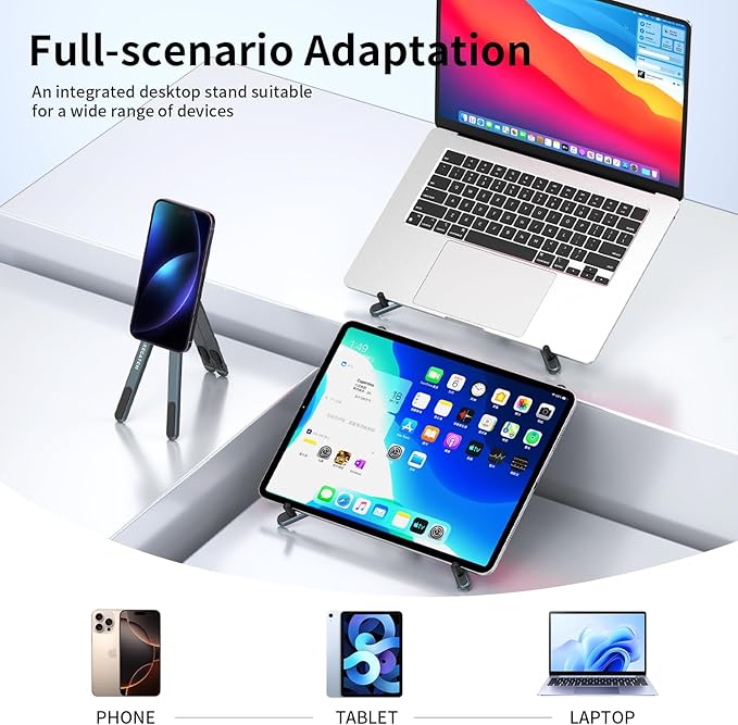 makecatch Portable Laptop Stand for Desk, 3-in-1 Adjustable Holder for MacBook, 8-Level Height & Angle, Aluminum Alloy Desktop Stand, Compatible with 4-13” iPhone, 10-16” Laptops & Tablets(Gray)
