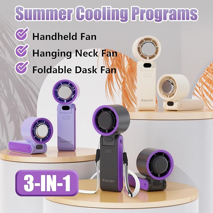 Koucen Portable Handheld Fan Rechargeable 100 Speeds Turbo Ice Cooling Personal Mini Fan Small Foldable 3-IN-1 for Neck/Desk/Hand, Travel Essentials Gifts for Women Men/Grey