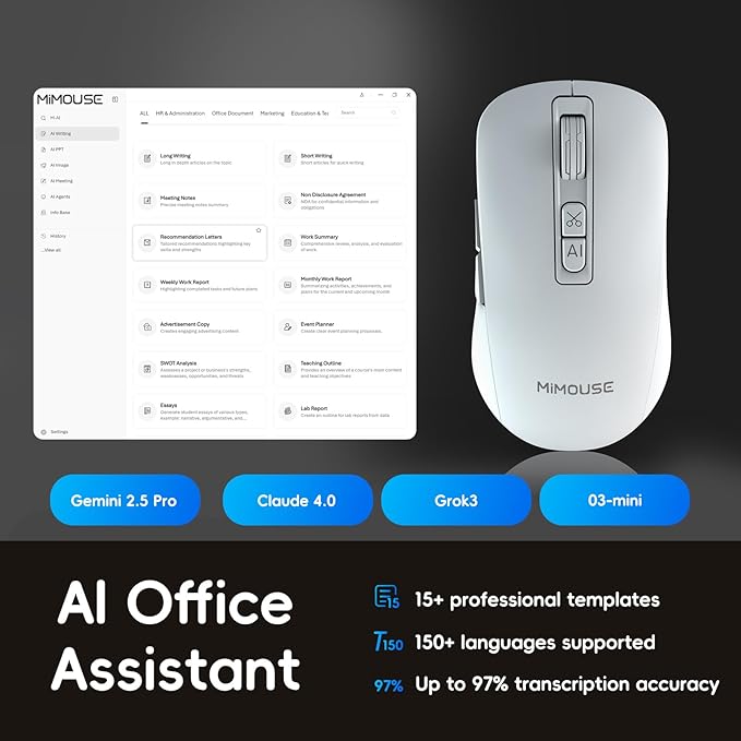 MIMOUSE EM4AI White AI Mouse with Voice Typing, Ergonomic Wireless Mouse for PC/Laptop, 3 Devices Bluetooth Computer Mice for Lecture & Meeting, Windows Mac OS Compatible Portable Mouse Gadgets Gift
