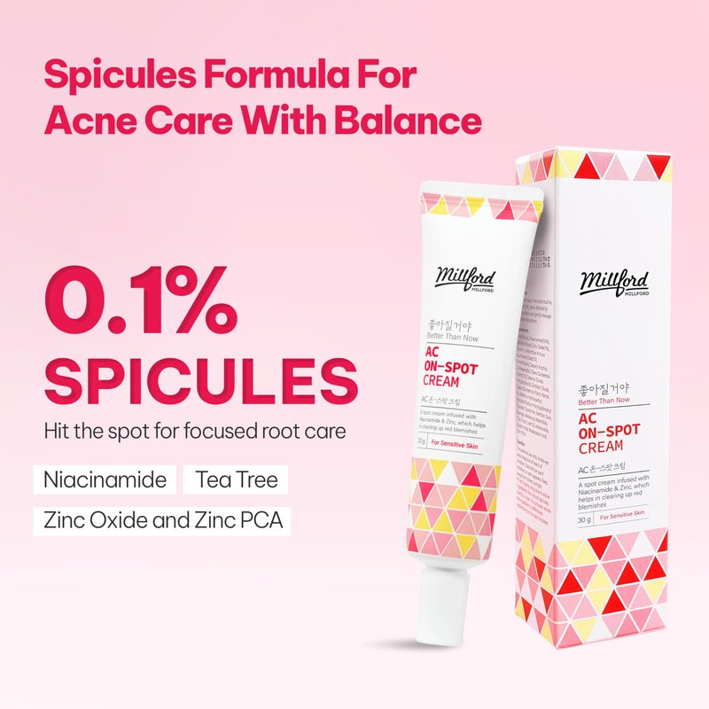 Millford AC On-Spot Cream 30g/1.05 Oz, Zinc Oxide 10%, Niacinamide 2% for Active Skin Repair, Acne Spot Treatment for Face, Blemish Care, Dark Spot, Korean Skincare for Sensitive & Acne-Prone Skin