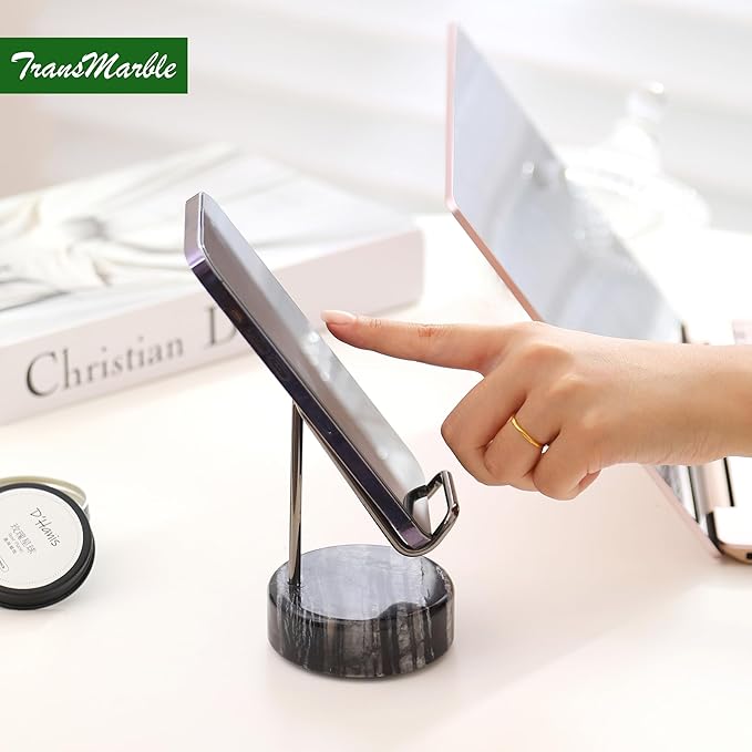 TransMarble Marble Phone Stand with Metal Holder, Charging Available While Using, Swipe Up to Unlock, Made of Natural Marble as Business Card Holder for Office Desk (Wooden Black + Black)