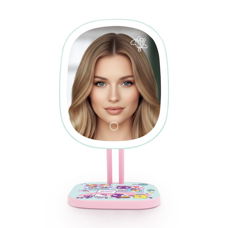 Impressions Vanity Hello Kitty and Friends Vacay Highlight LED Makeup Mirror with Artwork, Standing Mirror with White Strip LED Light and Adjustable Tilt, Portable Mirror with Soft Touch Sensor