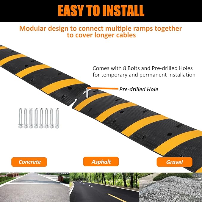 6FT Speed Bump 2 Pack, Heavy Duty Rubber Speed Bumps for Road Driveway, 2 Channel Modular Traffic Speed Humps for Low Cars Asphalt Concrete Gravel, 25,000 lbs Load Capacity