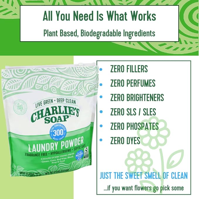 Charlieâs Soap Laundry Powder (300 Loads, 2 Pack) Hypoallergenic Deep Cleaning Washing Powder Detergent â Eco-Friendly, Safe, and Effective