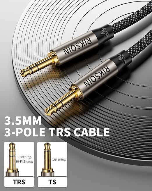 RIKSOIN 3.5mm Nylon Braided Aux Cable 4FT, Silver-Plated Wire Core Male to Male Cord for Headphones Car Home Stereos Speaker Compatible with iPhone iPad iPod Echo More