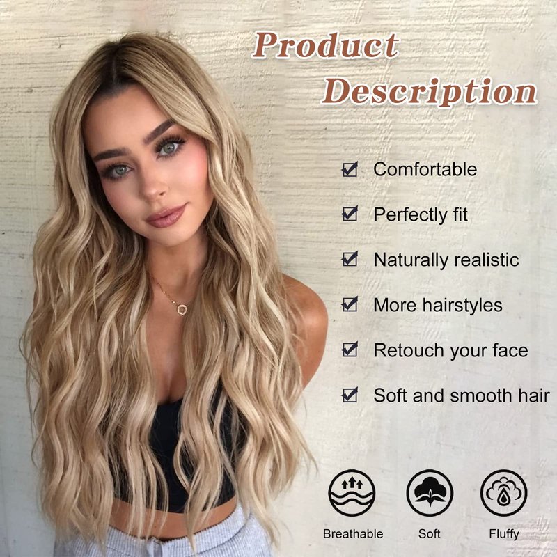 AISI QUEENS Long Blonde Wigs for Women, Ombre Blonde Wavy Synthetic Curly Hair Wigs Natural Looking Middle Part Heat Resistant Fibre for Daily Party Use 24 Inch