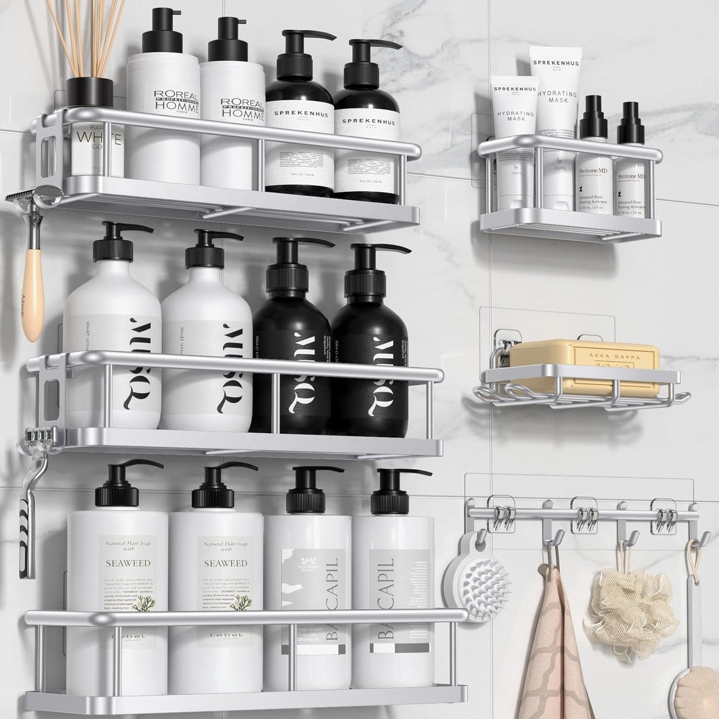 YASONIC Shower Caddy - 6 Pack Large Capacity Bath Organizer with Soap Holder & 12 Hooks | Rustproof Silver Shelves