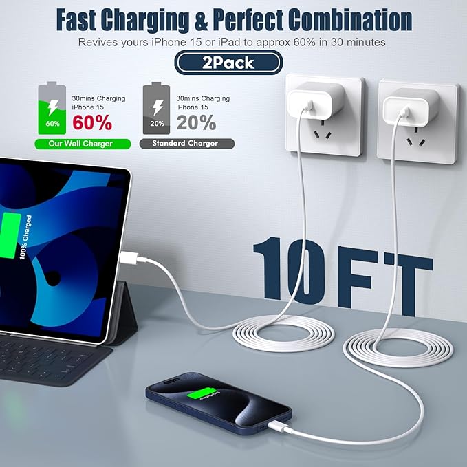iPhone 15 Charger Fast Charging, 2Pack 10FT Long USB C to C iPhone Fast Charging Cable Cord with 20W USB C Fast Charger Block Adapter for iPhone 15/15 Pro/15 Pro Max/15 Plus, iPad 12.9/11/10.9/Air 5/4