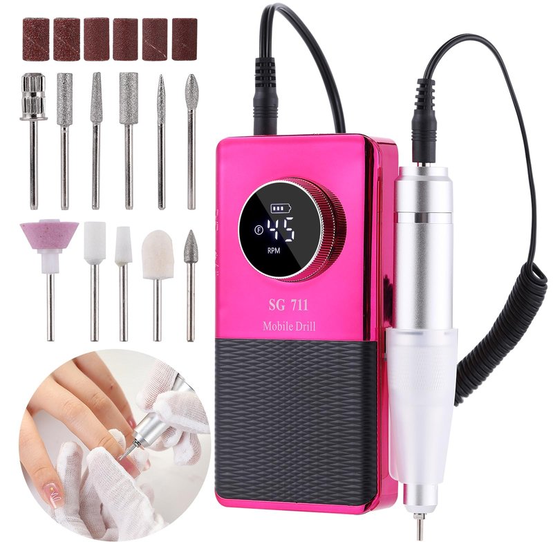Electric 45000RPM Nail Drill Machine Rechargeable Portable Nail File Electric DIY Nail Drill Kit with Smart LCD Screen for Gel Nail Manicure and Pedicure Reflective Body etc (Pink)