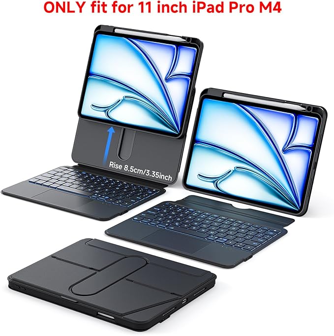Tiaota for iPad Pro 11-inch (M4, 2024) Keyboard Case with Multi-Touch Trackpad, 360° Rotating Magnetic Stand, Detachable Protective Cover, Portrait & Raised Modes, 7-Color Backlight – Black