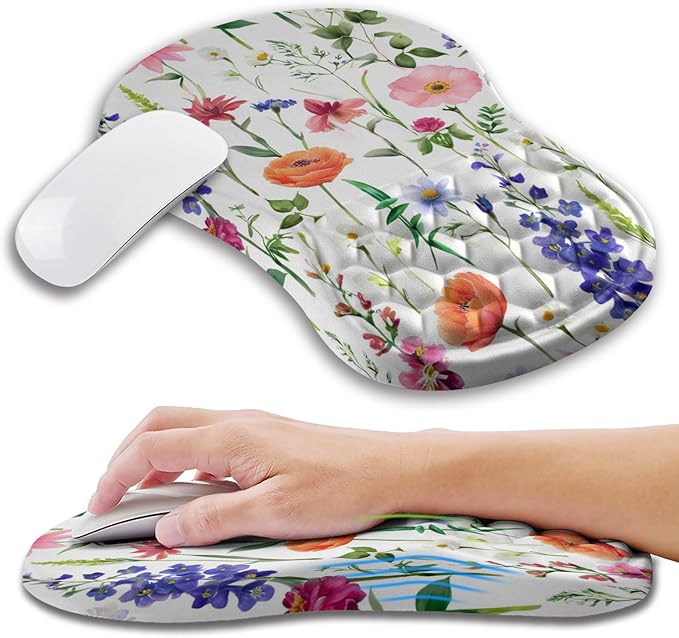 Kuosgm Ergonomic Mouse Pad Wrist Support with Memory Foam Massage Bulge, Carpal Tunnel Pain Relief Mousepad Wrist Rest for Mouse(12x8 inch, Flowers)