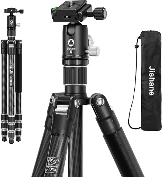 Jishane Carbon Fiber Camera Tripod, 62" Professional Video Tripod for Camera with 360° Ball Head, 1/4" Arca QR Plate, Compact Lightweight Travel Monopod for DSLR/Smartphone, Max Load 17.6 lbs/8kg