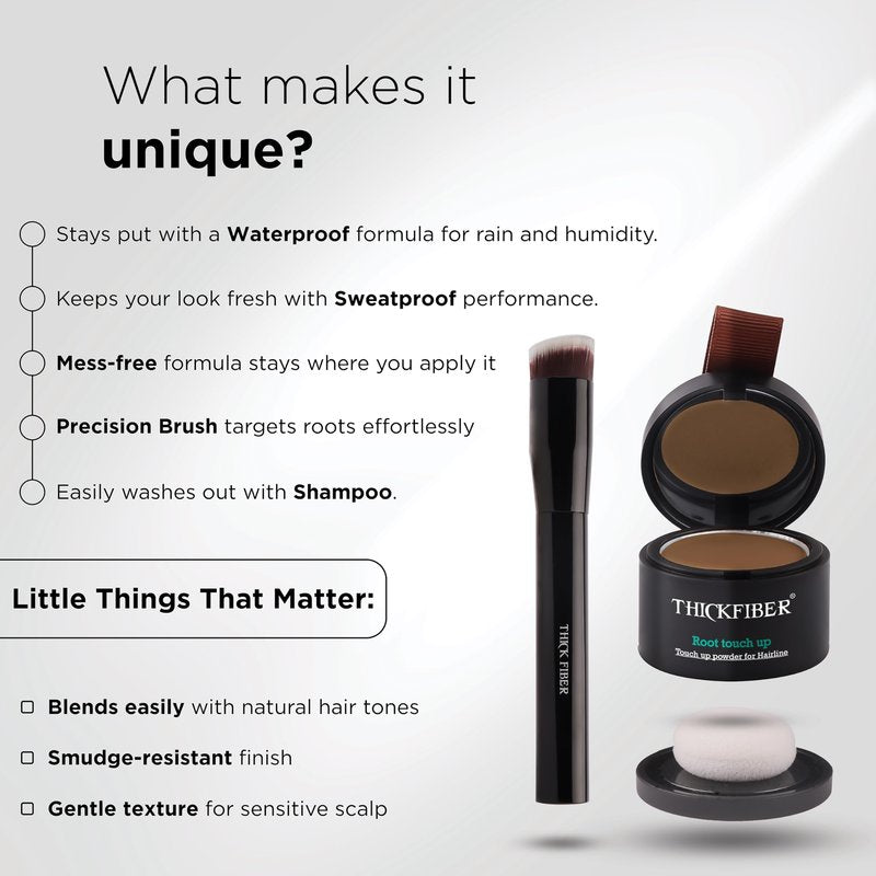 THICK FIBER Root Touch Up and Hairline Concealer - Water & Sweat Resistant Hair Loss Powder Set for Thinning Hair, Includes Brush (Light Brown)