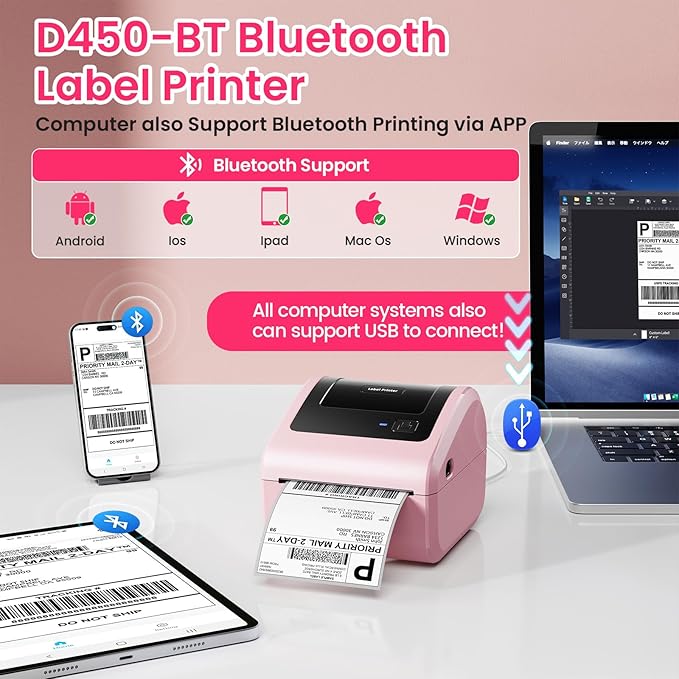 Omezizy Bluetooth Thermal Label Printer 4x6 - D450BT Shipping Label Printer for Small Business, Shipping Packages, Office, Home, Compatible with USPS, Shopify, Amazon, Tiktok