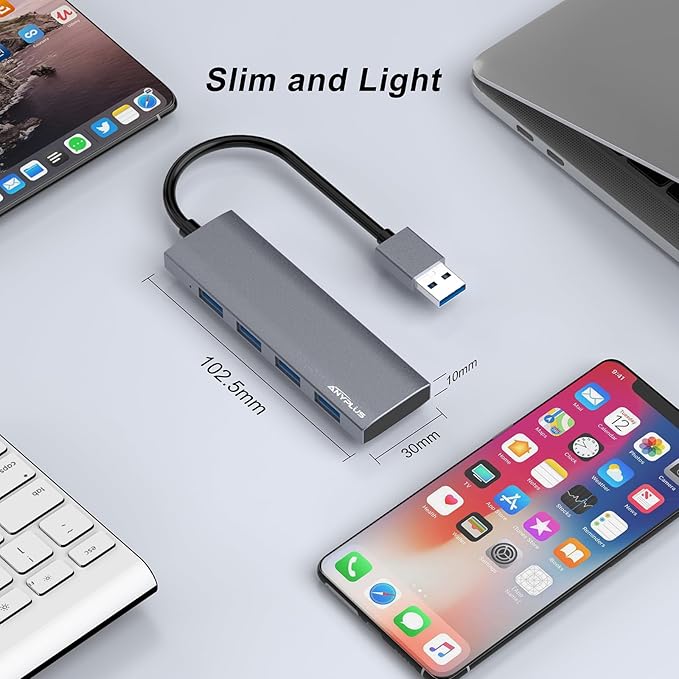 ANYPLUS USB Hub, USB 3.0 Hub Aluminum Alloy Ultra Slim USB Splitter, Portable 4 Port USB Extender, USB Hub for Laptop, PC, MacBook, iMac, Surface Pro, Mac Pro, Flash Drive, XPS 【Grey】