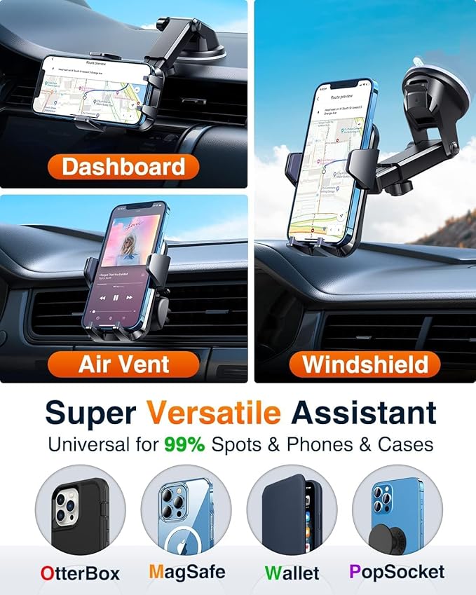 VANMASS Phone Holders for Your Car Ultimate Phone Mount Military-Grade Windshield Dashboard Vent【Newest Best Strongest】 Cell Phone Car Mount for iPhone 17 Pro Max 16 15 Samsung Android, Clear Black