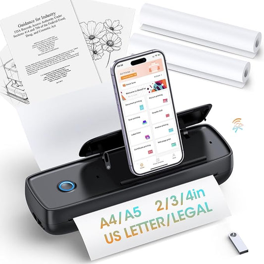 GUTHERREN Portable Printer Wireless for Travel，Bluetooth Thermal Printer Support 8.5" X 11" US Letter &Legal, A4&A5 Thermal Paper, Inkless Compatible with iOS, Android & Laptop for Office Car Home