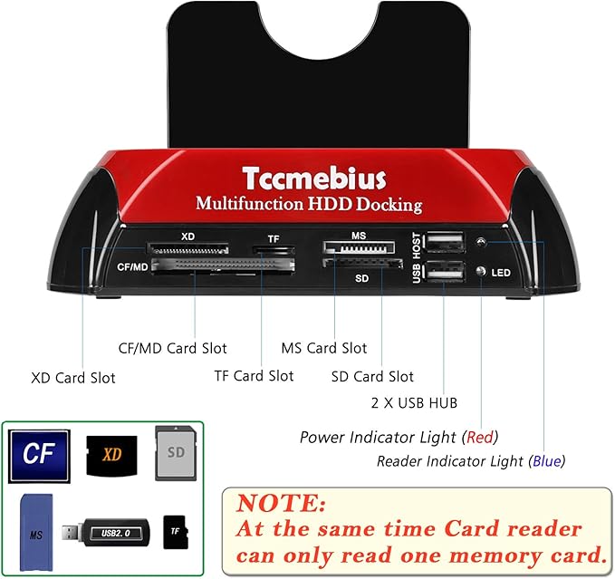 Tccmebius Hard Drive Docking Station, TCC-S862-US USB 2.0 to 2.5 3.5 Inch SATA IDE Dual Slots External Enclosure with All in 1 Card Reader and USB 2.0 Hub for 2.5" 3.5" IDE SATA I/II/III HDD SSD