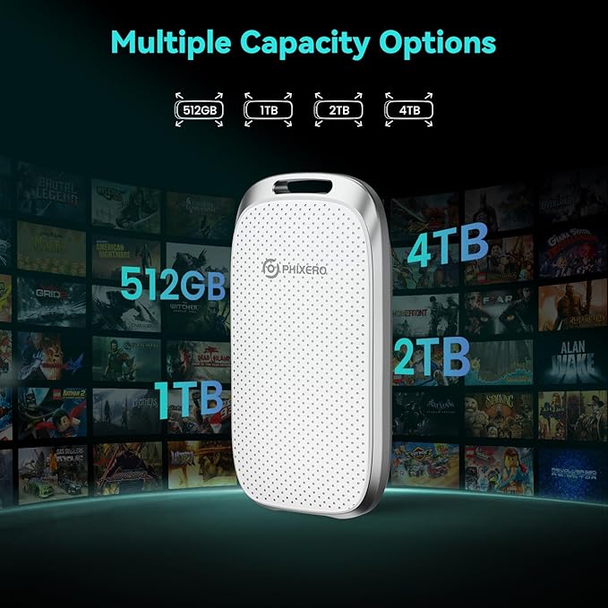 PHIXERO 2TB Portable SSD, Type-C Interface, Up to 5Gbps, Built-in mSTAT SSD for Ultra-Fast Data Transfer,White