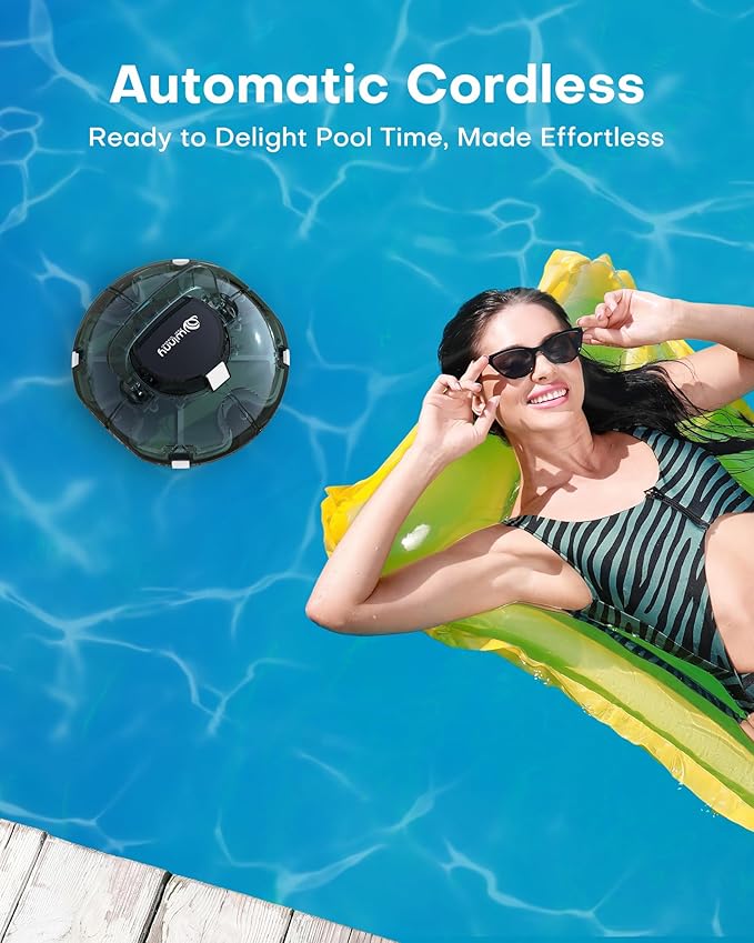 (2025 Upgrade) Cordless Robotic Pool Cleaner, Lasts 80 Min, Automatic Vacuum for Above-Ground Pools up to 645 Sq.ft,Portable, Self-Parking (Transparent Green)