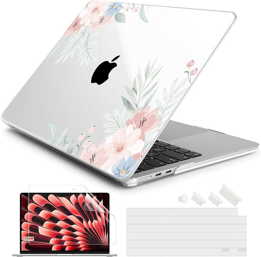 Batianda Premium Case for New MacBook Air 15 inch with M5 M4 M3 M2 Chip 2026 2025 2024 2023 Release, Designed Ultra-Slim Hardshell & Keyboard Cover & Screen Protector 4-in-1 Bundle, Watercolor Floral