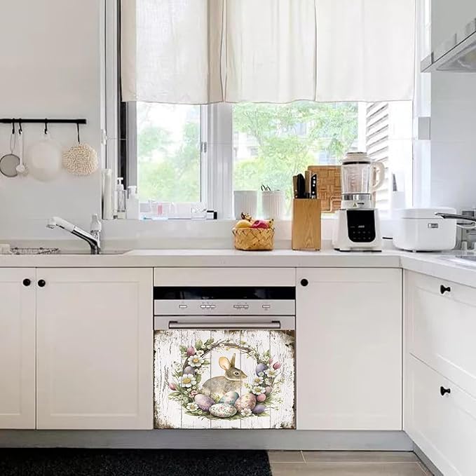 Easter Bunny Dishwasher Full Door Magnetic Sticker Home Appliances, Easter Eggs Refrigerator Magnet Skin Cover, Spring Wreath Magnetic Dishwasher Panel Cover - (23" x 17" Magnetic)