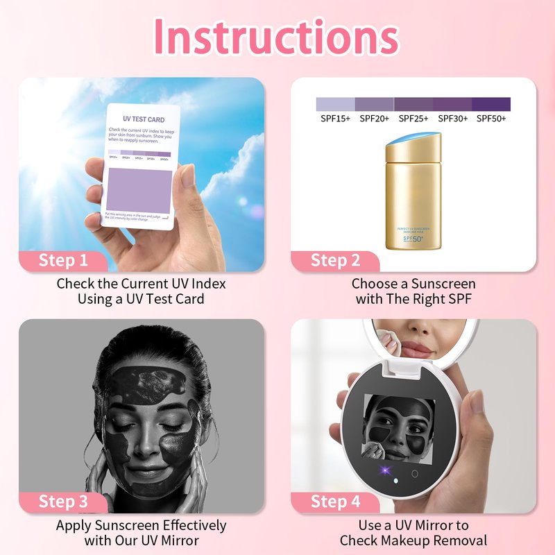 DESCHEN UV Camera Mirror for Sunscreen Test, 2X Makeup Mirror with Lights and Magnification, Rechargeable 3.8 Inch Portable Pocket Mirror for Skin Protection