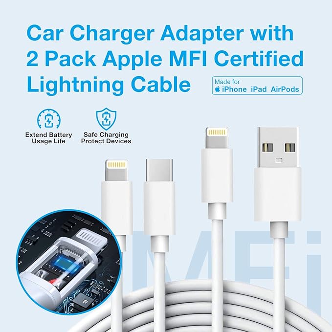 MOCA 38W Fast Car Charger, 2-Port PD/QC 3.0 All Metal Car Power Adapter W/2 PCS 3.3ft PD Lightning Cord Quick Charging for iPhone 17/16/15 Series, Samsung Galaxy S25/S24/S23 Series, iPad Pro, AirPods