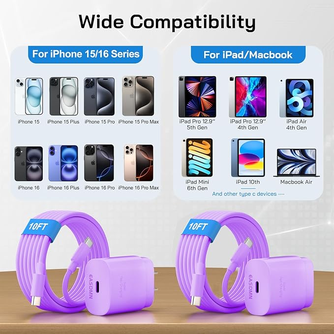 30W USB C i Phone 17 16 15 Charger Fast Charging, 2PACK Wall Charger for iPhone 16 15 Pro Max Charger Cord 10FT Fast Type C Block for iPhone 17 Pro Max/17 Air/16/15 Plus/15 Pro Max,i Pad Pro, Purple