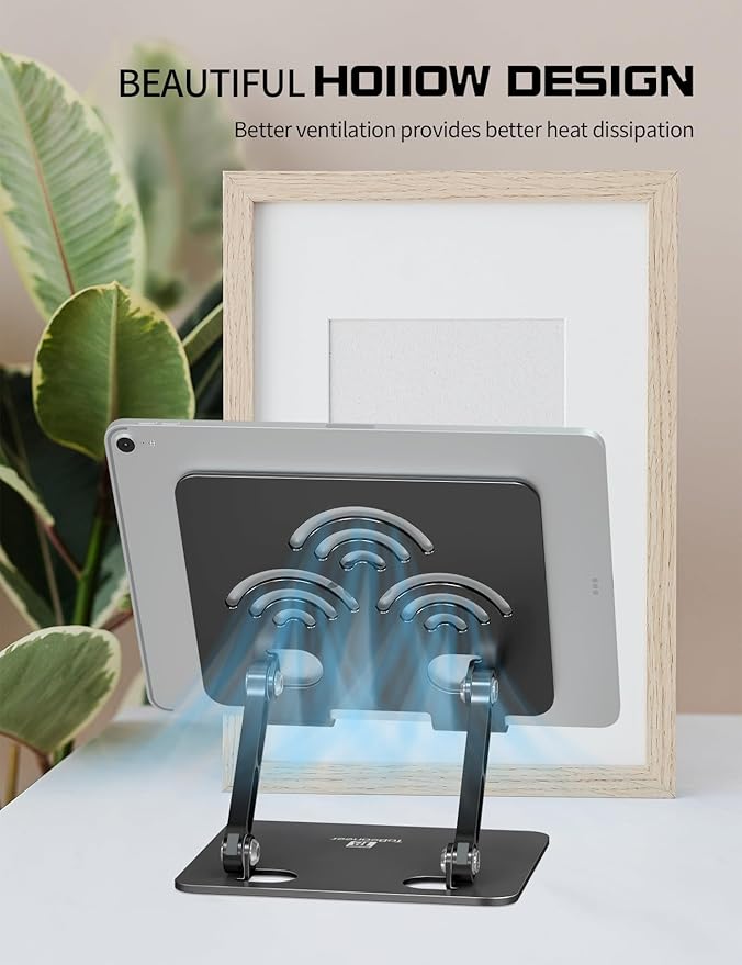 ToBeoneer Adjustable Tablet Stand for Desk, Premium Aluminum Holder for iPads, Tablets, Kindles, Switch, Phones, and All Devices up to 14 Inches. Portable and Foldable Black, Plus Size