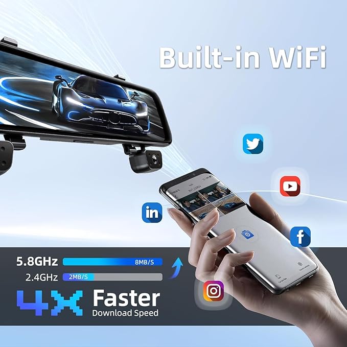 2026 Rearview Mirror Camera,4 Channel Mirror Dash Cam Front and Rear,Rear View Mirror Backup Camera for Cars & Trucks,12" Touch Screen,Built-in 5.8GHz WiFi,GPS,IR Night Vision,Free 128GB SD Card