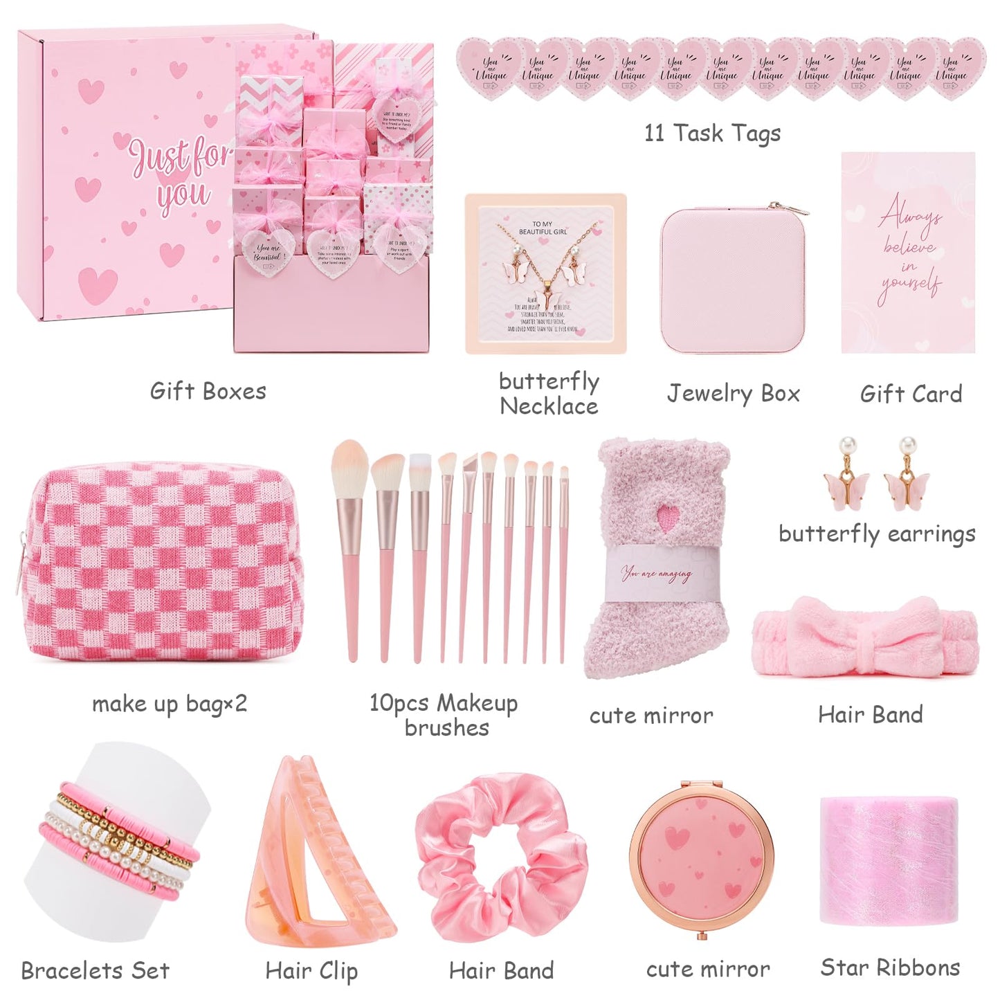 Joyliss Easter Gifts for Tween & Teen Girls, 11PCS Birthday Gifts Basket Teen Girls Gifts Trendy Stuff with Empowering Challenges & Makeup Brushes & Bag, Positive Wrapped Gift Box for Daughter Niece