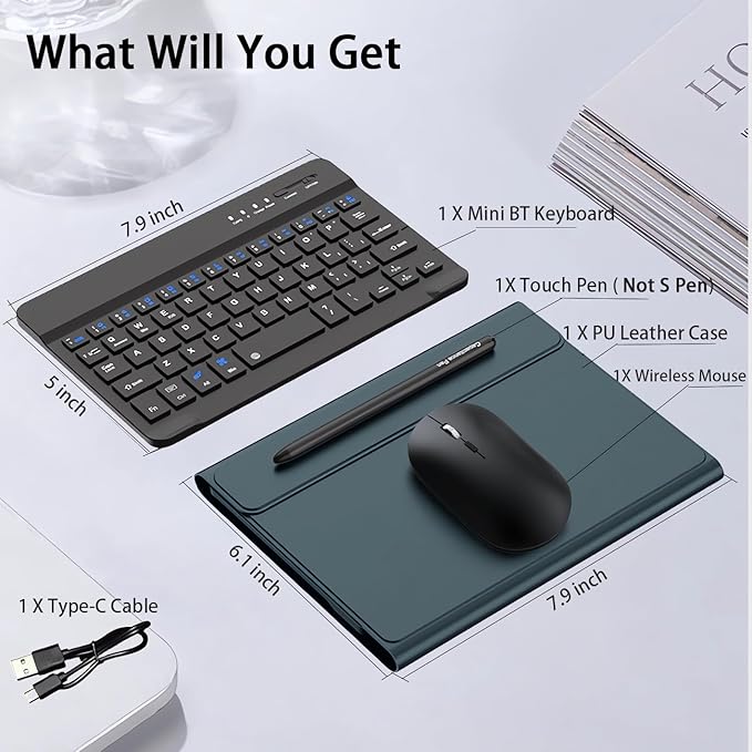 voppton for Samsung Galaxy Z Fold 7 6 5 Keyboard and Mouse, Portable Mini 7.9 inch Bluetooth Keyboard with Leather Case and Capacitive Pen, 4 in 1 Set for Z Trifold Fold7 Accessories,Green