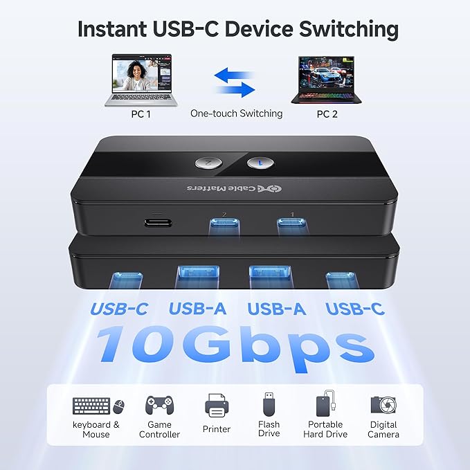 Cable Matters USB C Switch for 2 Computers, Share 2 USB-A and 2 USBC Peripherals (Keyboard, Mouse, Printer, SSD)-(No Video, No Host Charging)-10Gbps Data Transfer, Remote Control, Data Only