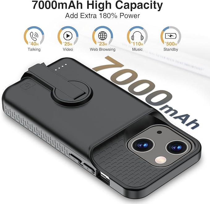 GIN FOXI Battery Case for iPhone 13/13 Pro/14/14 Pro Rechargeable Charging Case with Stand 7000mAh Ultra-Slim Anti-Fall Protection Extended Charger Cover for 14/14Pro/13/13 Pro 6.1" Black
