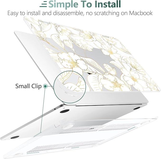TWOLSKOO for MacBook Air 15 inch Case 2025 2024 2023 Release M4 A3241 M3 A3114 M2 A2941, Plastic Hard Shell & Screen Protector & Keyboard Cover & Type C Adapter, Gold Cherry Blossom