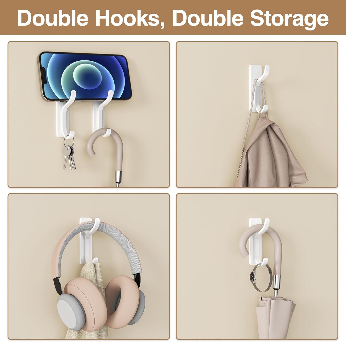 Pickpiff Adhesive Wall Coat Hooks - Heavy-Duty Stick-On Metal Hangers for Towels, Bags, and More | White, 4-Pack