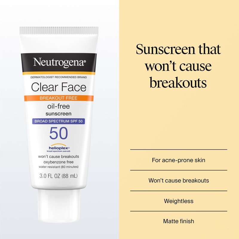 Neutrogena Clear Face Sunscreen Lotion SPF 50 for Acne-Prone Skin Broad Spectrum UVA UVB Protection Oil-Free No-Fragrance No-Oxybenzone Water-Resistant Daily Face Moisturizer, 3 fl oz