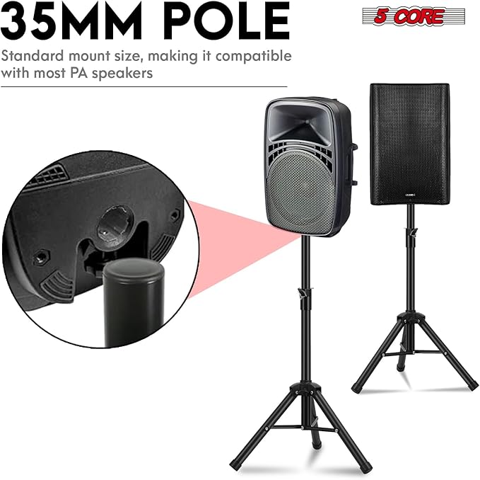 5 Core Speaker Stand Universal Mount Steel Alloy Construction 132 Lbs Capcity Stable Tripod w/Adjustable Height 36” w 35mm Compatible Insert Metal Safety Pin Black