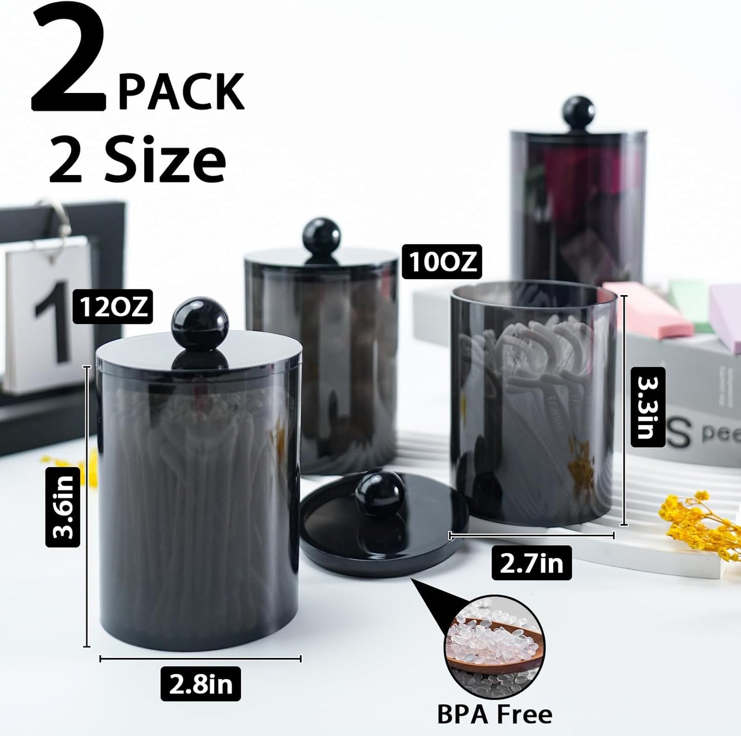 XIPENGKEJI Qtip Holder Set - Stylish Canister Jars for Cotton Swabs & Pads | 10oz-12oz Black Bathroom Organizers
