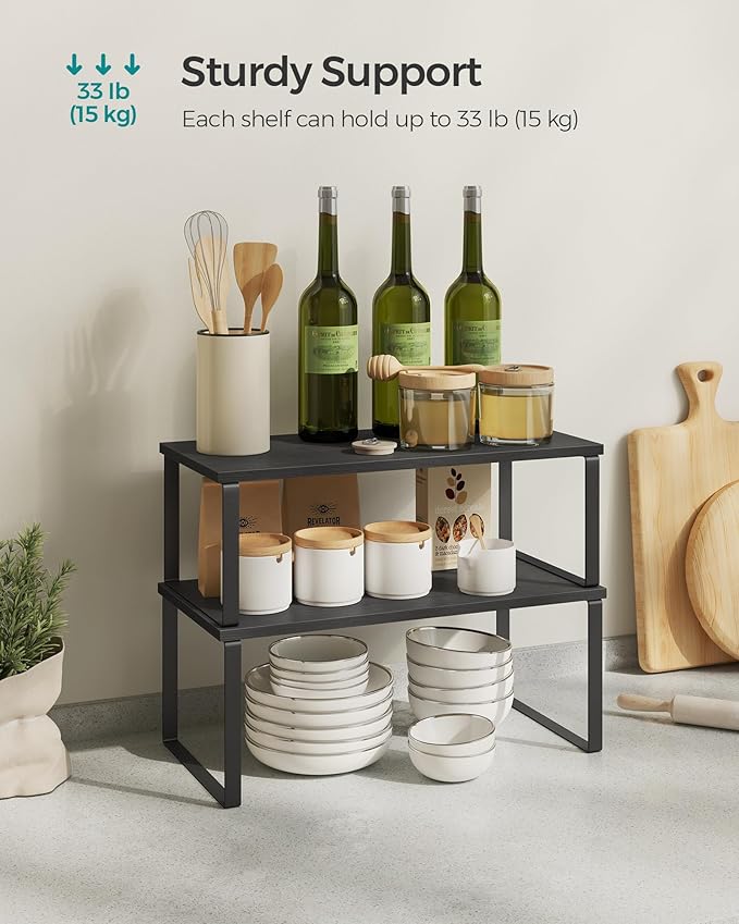 SONGMICS Cabinet Organizer Shelf, Set of 4 Kitchen Counter Shelves, Kitchen Storage, Spice Rack, Stackable, Expandable, Metal and Engineered Wood, Ink Black and Ebony Black UKCS028B01